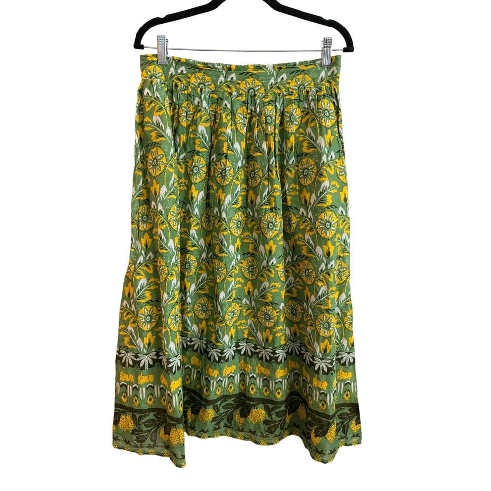 Roller Rabbit Neya Green Yellow Floral Cotton Skirt Sz L Midi Women’s Nice